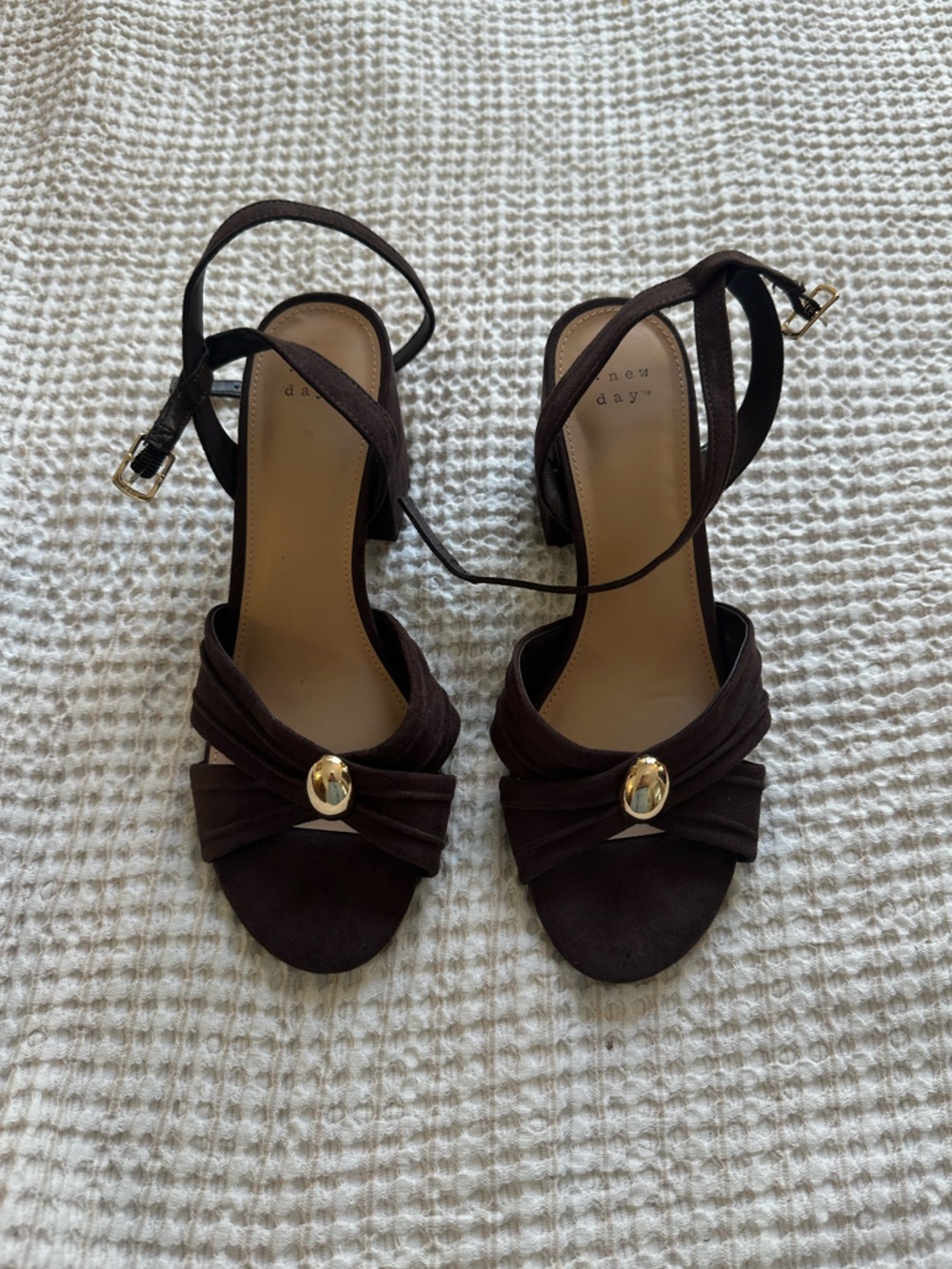 Women’s Dark Brown Ankle-Strap Heel Sandals with Gold Accent